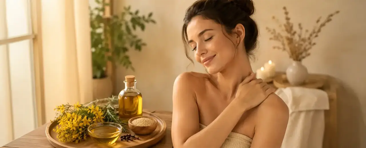 Masaj Bakım Seti: Sarı Kantaron, Susam, Biberiye ve Karanfil Yağı